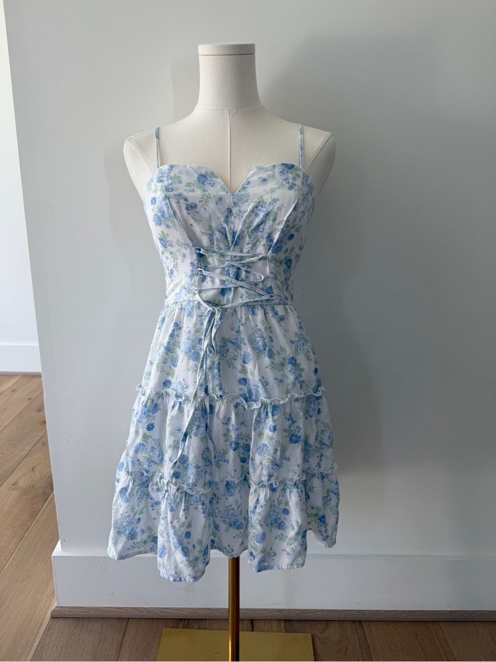 Blue Floral Lace-Up Mini Dress - Women Dresses